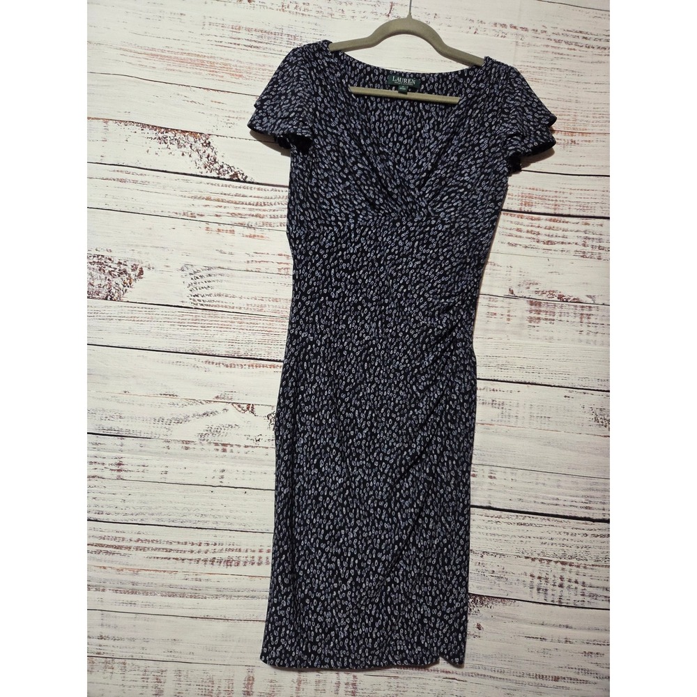 Lauren Ralph Lauren Navy White Ruched Faux Wrap Sheath Dress Size 8
